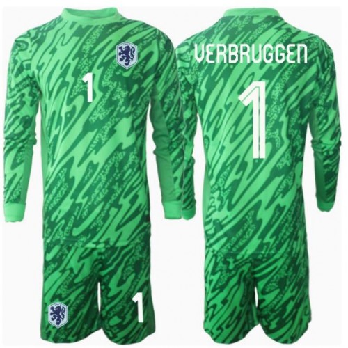 Stroje piłkarskie Niderlandy Bart Verbruggen #1 Bramkarskie Koszulka Podstawowej dla dzieci ME 2024 Długi Rękaw (+ szorty)